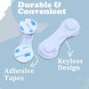 White adhesive baby proof cabinet locks with foam and silicone grips shown next to a plastic latch.
