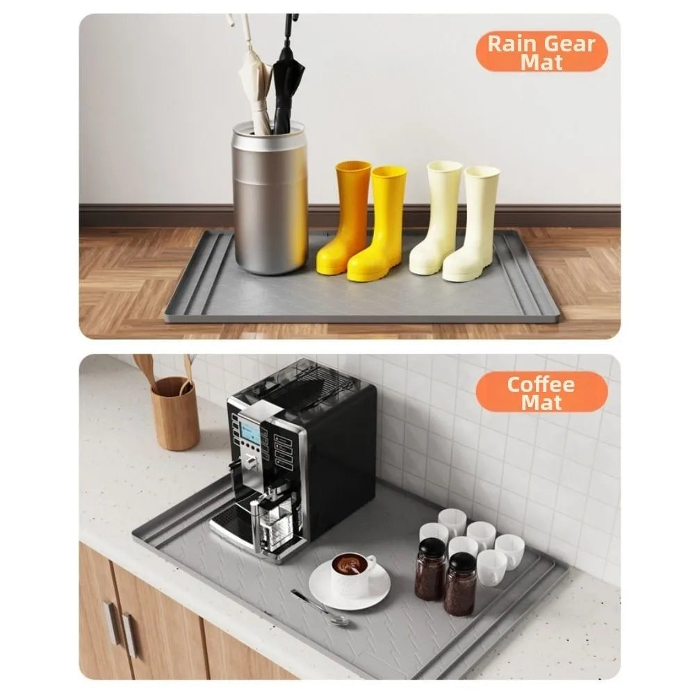 A set of silicone mats, including a rain gear mat and a coffee mat, are displayed on a kitchen counter.