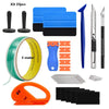 A kit of vinyl wrap and window tint tools including various blades, rollers, and application tools.