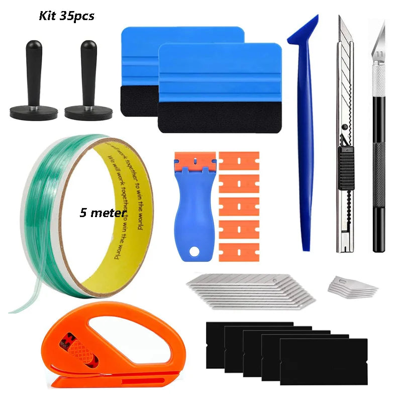 A kit of vinyl wrap and window tint tools including various blades, rollers, and application tools.