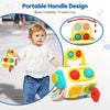 A yellow and green portable handle design toddler travel toy featuring a retractable handle for sensory learning.