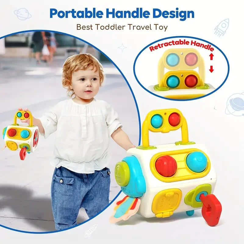 A yellow and green portable handle design toddler travel toy featuring a retractable handle for sensory learning.