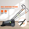 A dual adjustable design walk-behind push floor sweeper with a foldable handle and adjustable angle.