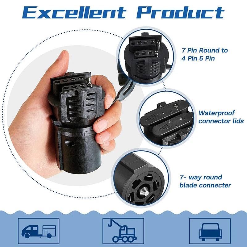 A black 2-in-1 trailer plug adapter featuring a 7-pin to 4/5-pin waterproof connector and a 7-way round blade connector.