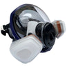 A full face respirator mask with a clear visor and a white protective lens attached.