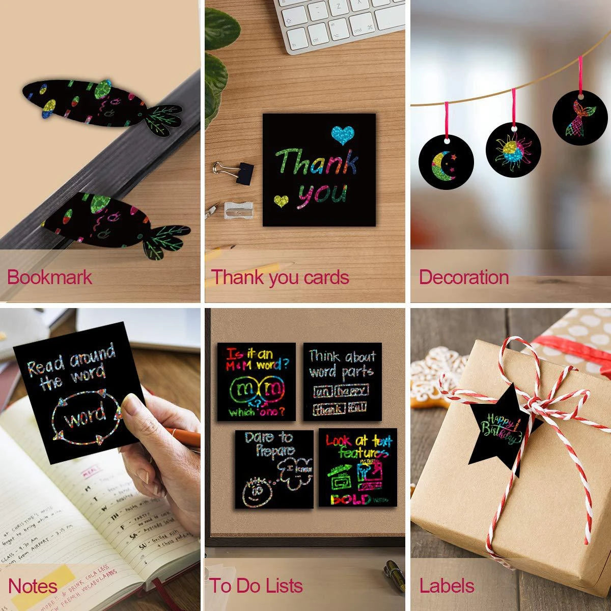 A set of rainbow scratch art paper and a wooden stylus for creative projects