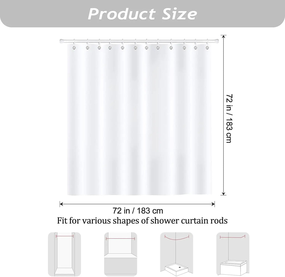 White shower curtain set with a sheer fabric, shown in various fit options for shower curtain rods.