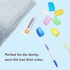 A collection of ten colorful silicone toothbrush head protectors in various shades are displayed on a light blue background.
