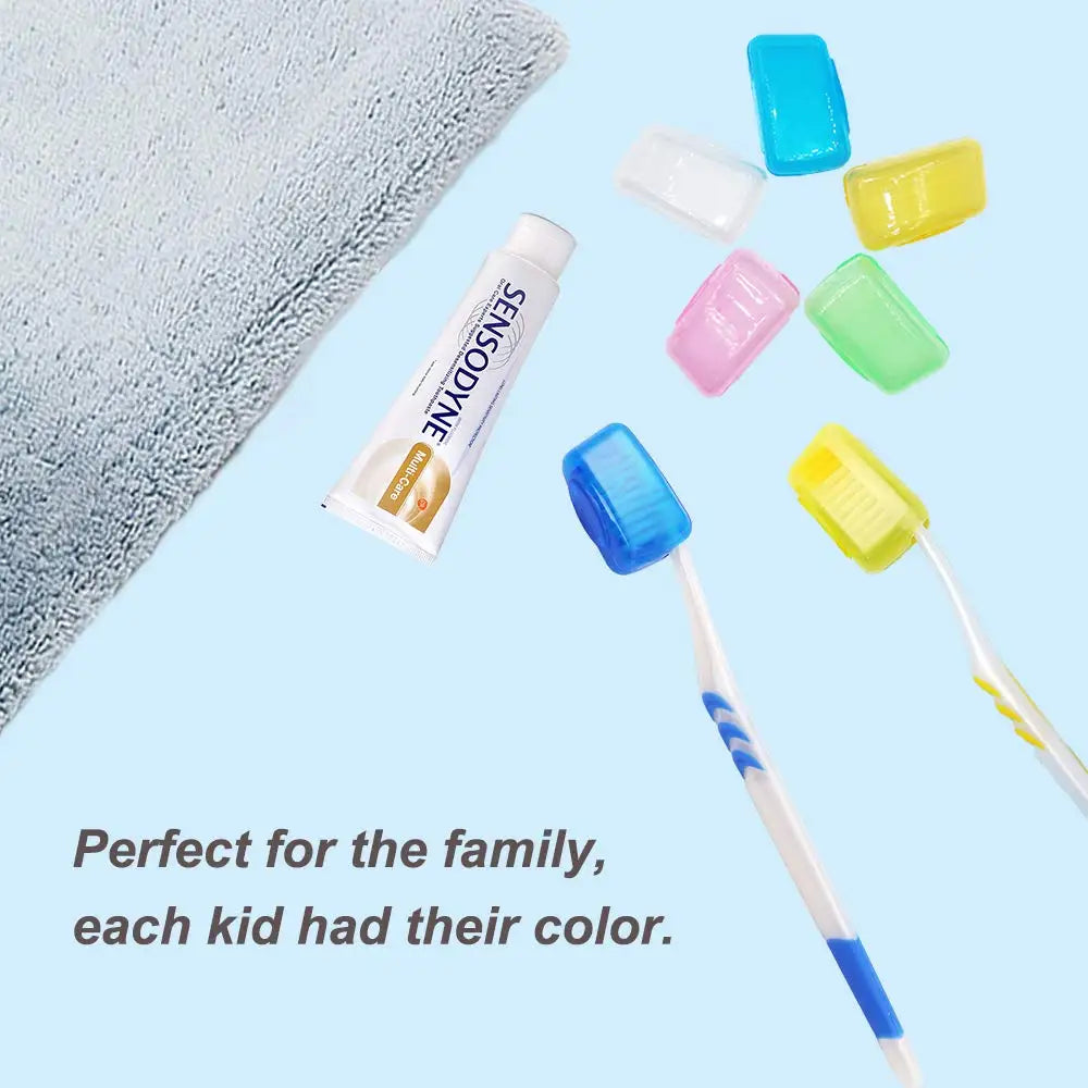 A collection of ten colorful silicone toothbrush head protectors in various shades are displayed on a light blue background.