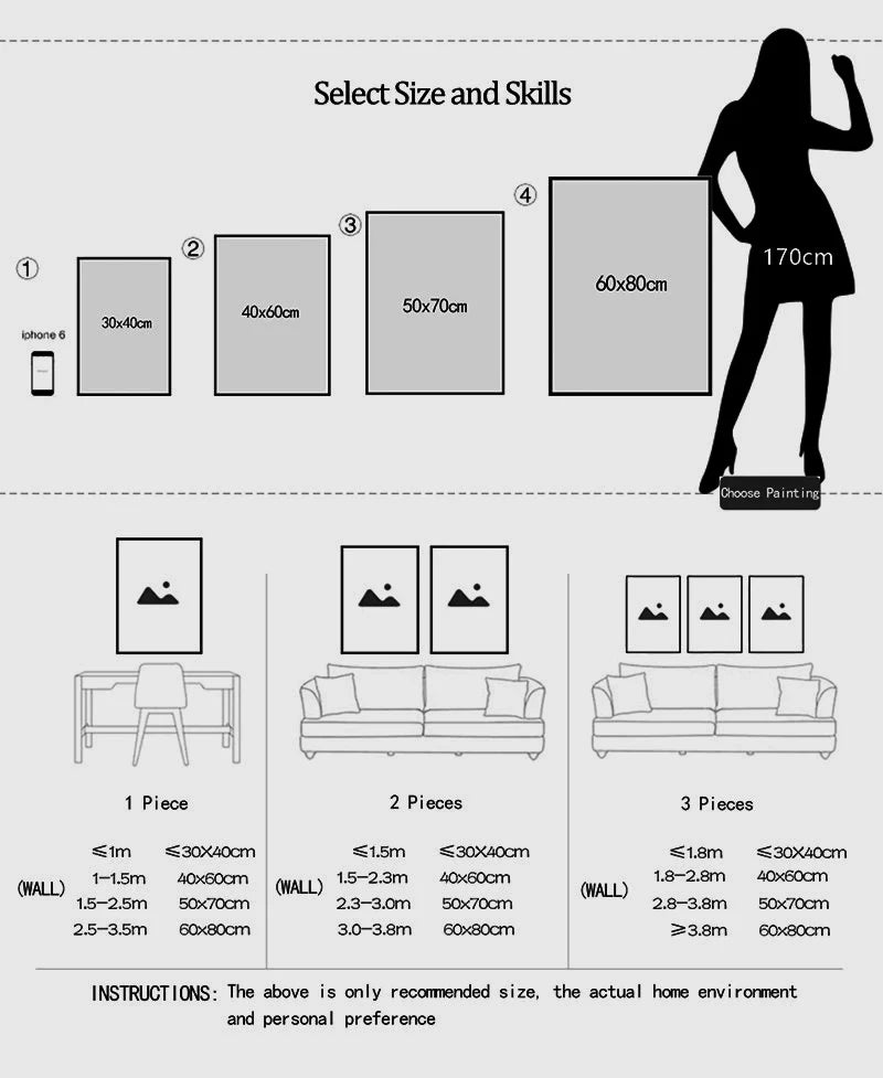 Diagram showing various sizes of canvas wall art options and corresponding dimensions.