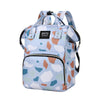 A light blue and white patterned waterproof diaper bag backpack with black straps and storage pockets.
