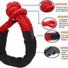A red synthetic rope recovery ring with a black protective sleeve and various knot designs shown in detail.
