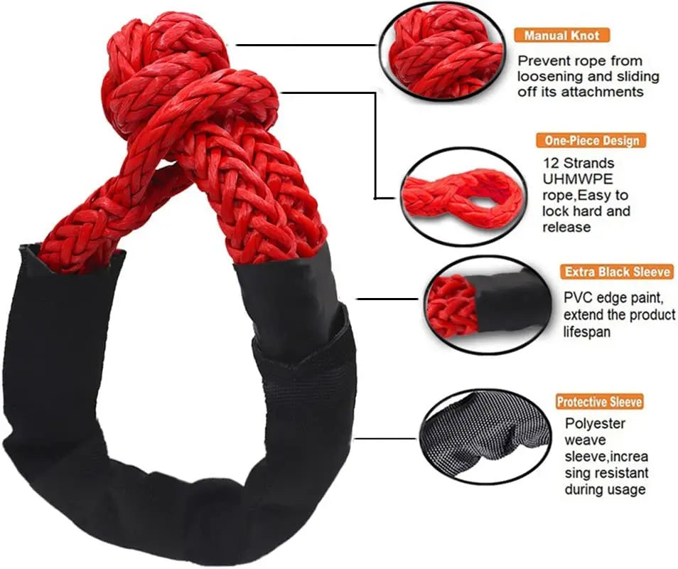 A red synthetic rope recovery ring with a black protective sleeve and various knot designs shown in detail.