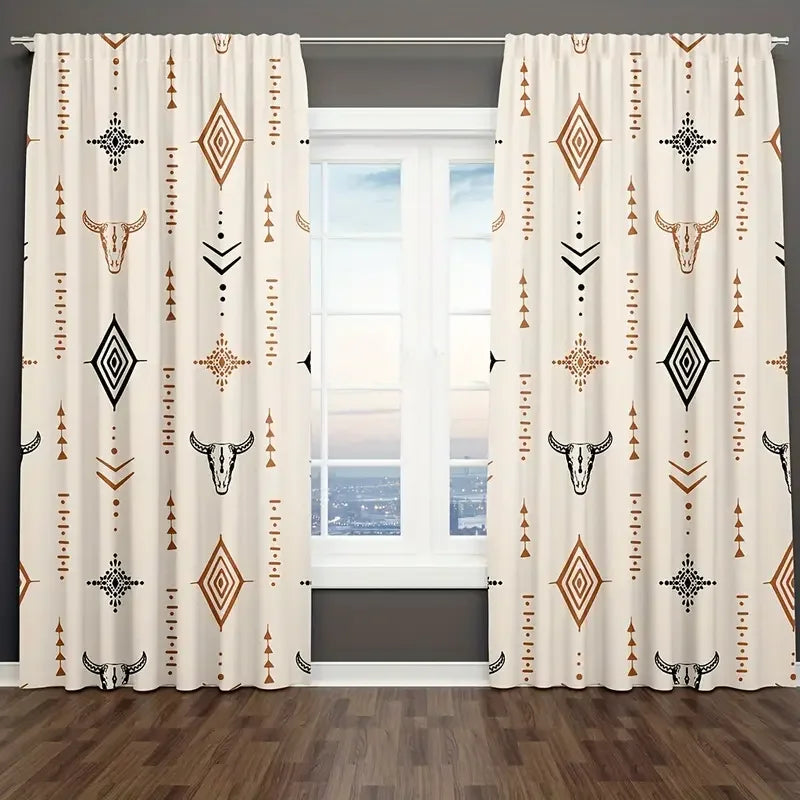 Light beige curtains with a boho tribal pattern featuring repeating bull skulls and geometric designs filtering light through