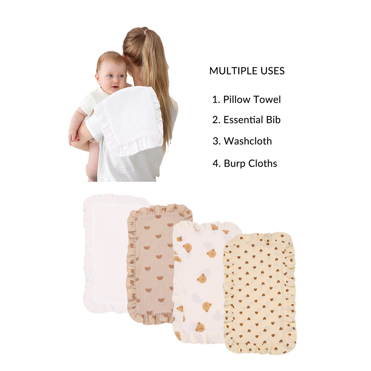Soft Muslin Gauze Burp Cloths with Ruffle Trim (4-Pack)