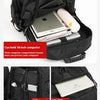 Black travel backpack showing various compartments including a laptop sleeve, computer board section, and front pockets.