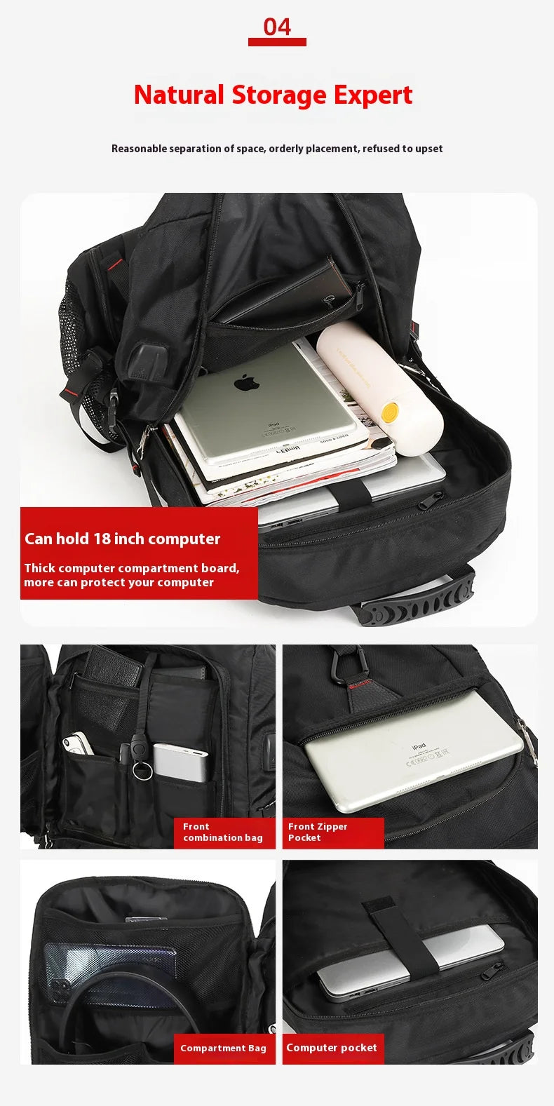 Black travel backpack showing various compartments including a laptop sleeve, computer board section, and front pockets.