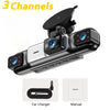 A black dash cam with three visible channels and a car charger cable shown next to a manual.
