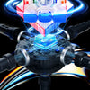 A blue and red magic cube is shown with glowing blue lines, surrounded by a black device for tracking.