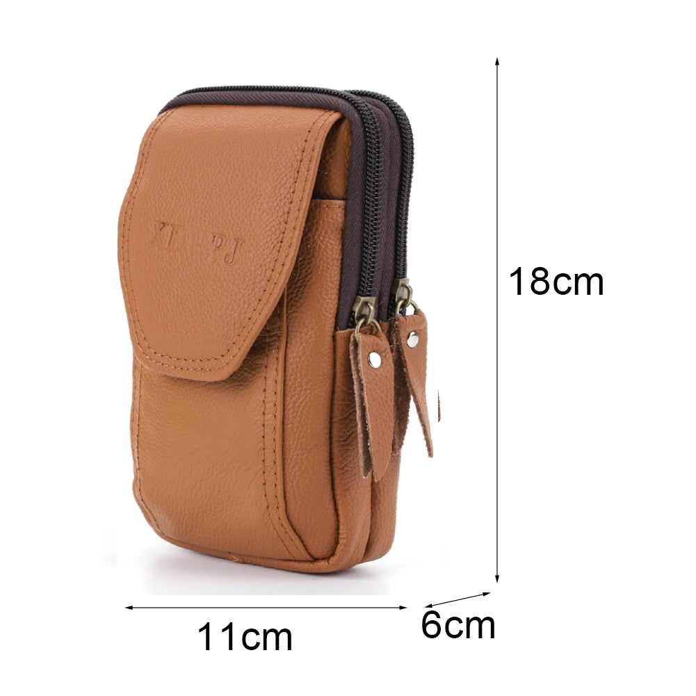 A brown vintage genuine cowhide leather crossbody sling bag shown with dimensions.