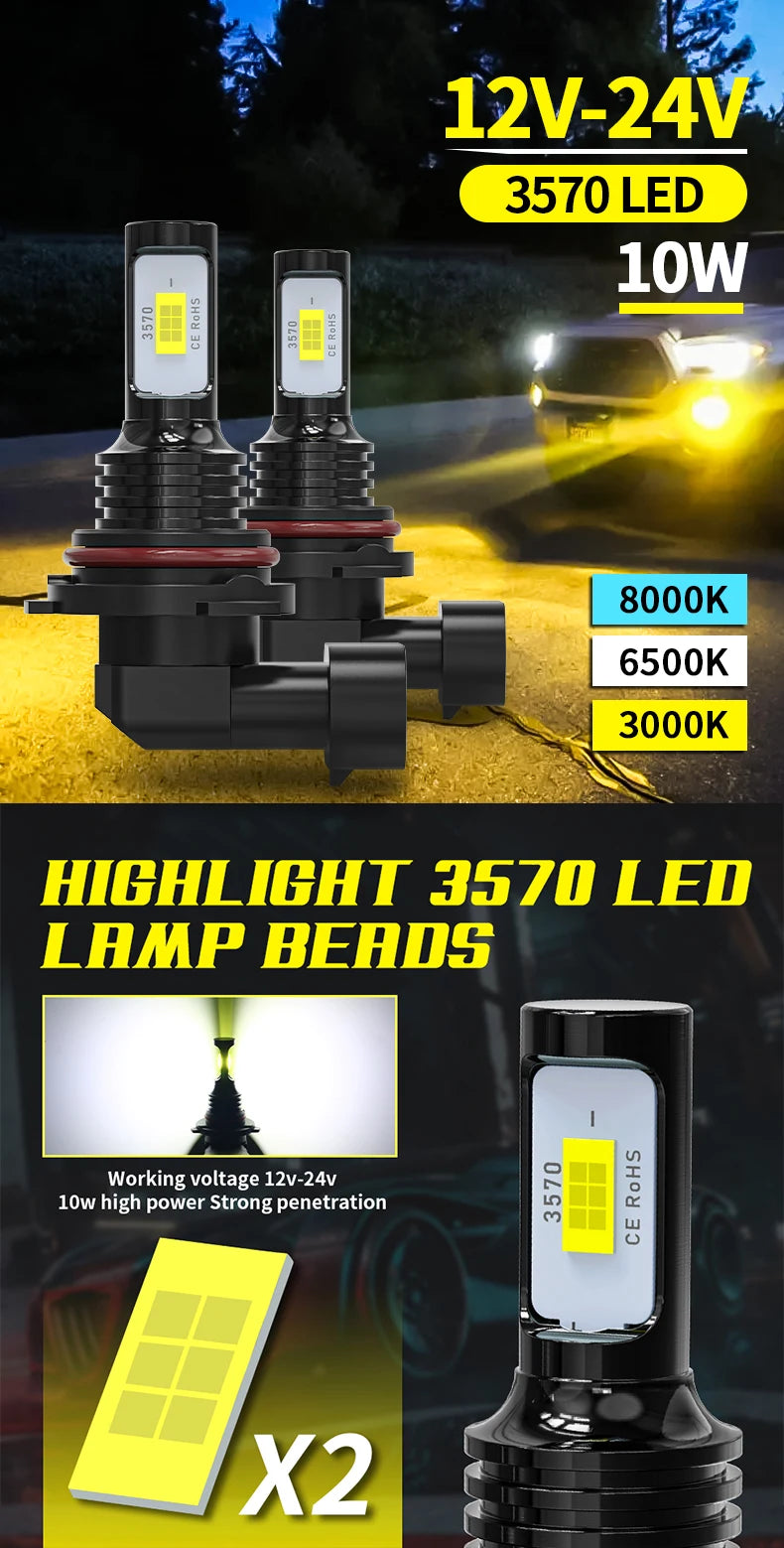 A pair of 3570 LED lamp bulbs for 12V-24V automotive lighting, shown with a yellow light beam.
