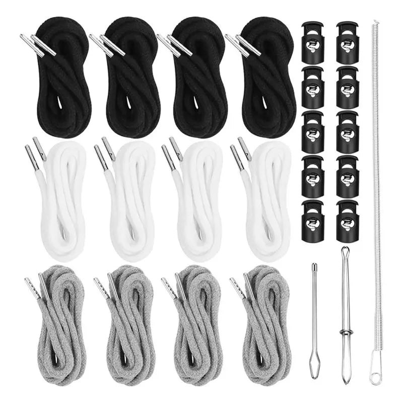 A collection of black and white drawstring replacement kits featuring cord locks and threaders.