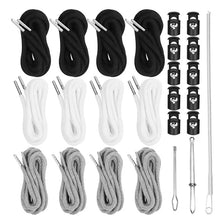 A collection of black and white drawstring replacement kits featuring cord locks and threaders.