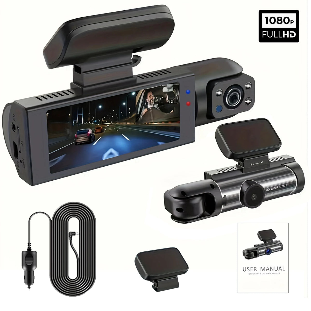 A black dual lens car dash camera is shown with a cable, a manual, and a separate lens unit.