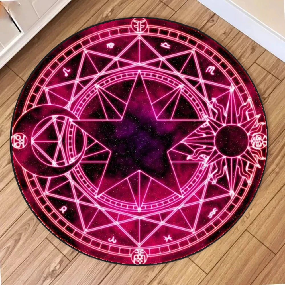 Round magic circle pattern area rug with a vibrant magenta and purple geometric design