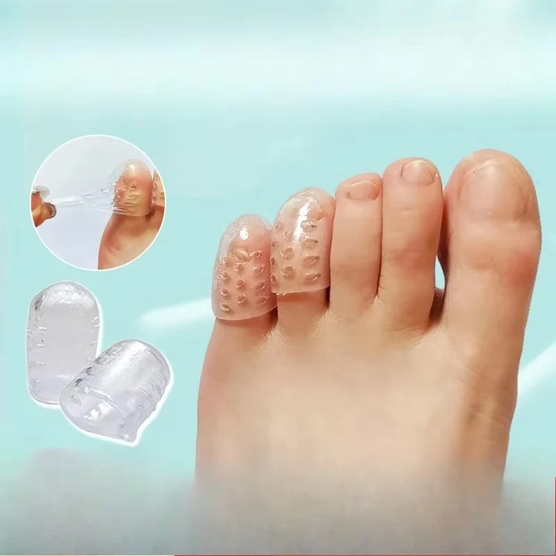 Gel toe caps shown on a foot, illustrating their use for blister prevention and comfort.