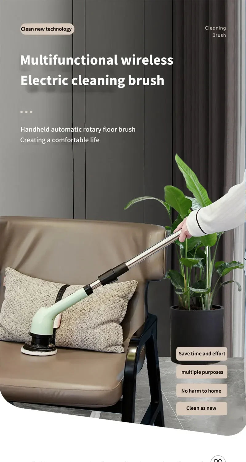 A hand is using a multifunctional wireless electric cleaning brush on a floor, demonstrating its use for household cleaning.