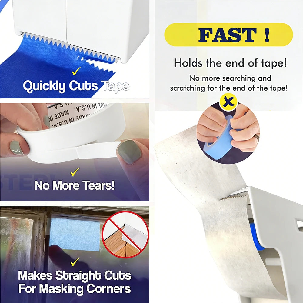 A white masking tape dispenser with a sharp blade is shown alongside various benefits like quick cutting and tear-free remova