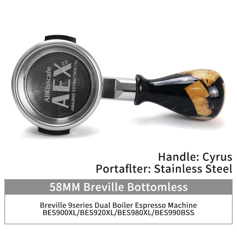 A stainless steel bottomless espresso portafilter for Breville and similar machines.