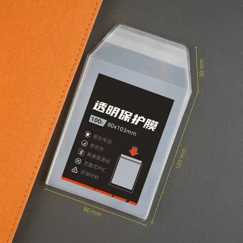 A clear magnetic card protector sleeve with dimensions 80mm by 103mm is shown on a dark surface.