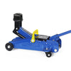 Blue universal car jack with a slotted frame rail adapter and rubber pad
