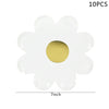 A white plastic daisy flower with a gold center, part of a 10-piece disposable party tableware set.