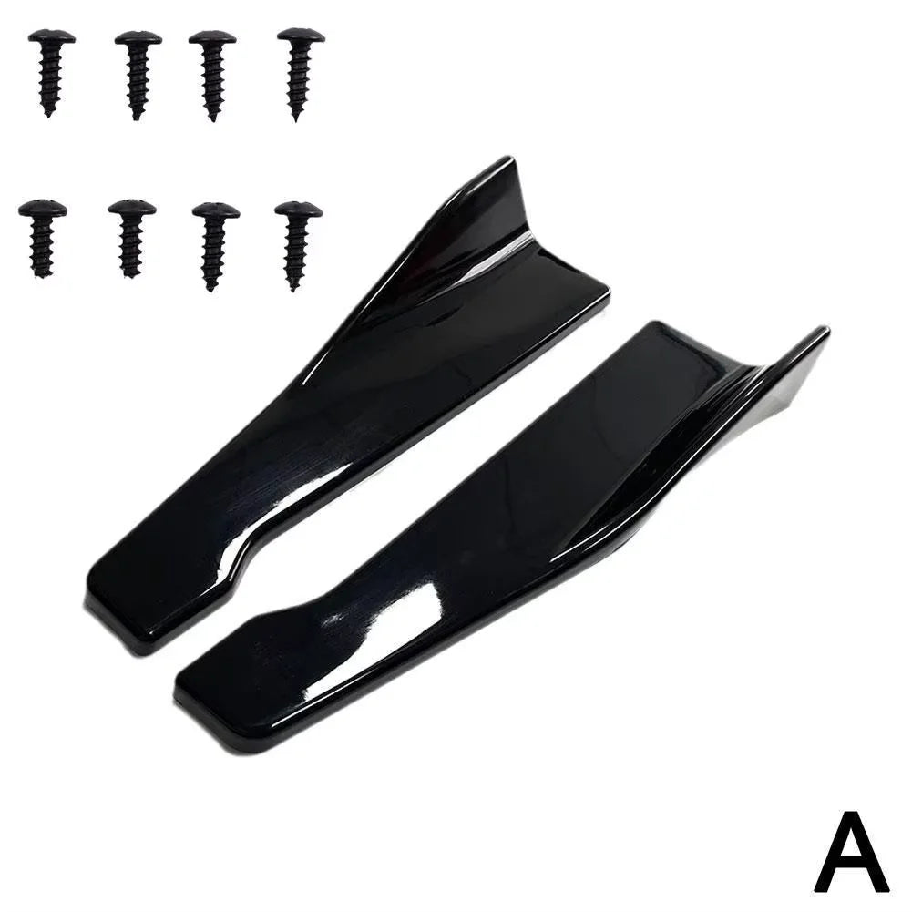 A set of black car bumper lip diffusers and splitters for sport styling and scratch protection