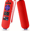 A red silicone remote cover with a cord and a separate red cylindrical grip for a Roku device.