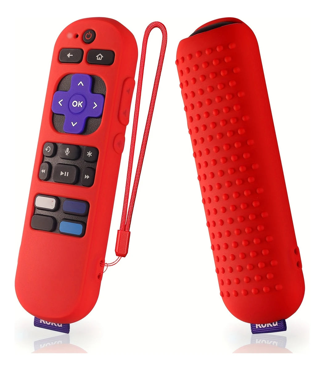 A red silicone remote cover with a cord and a separate red cylindrical grip for a Roku device.