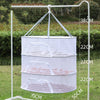 A white folding hanging drying net with mesh protection is displayed on a stand, showing its dimensions.