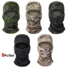 A set of five camouflage and solid colored stretchy breathable balaclava caps shown in various shades and angles.