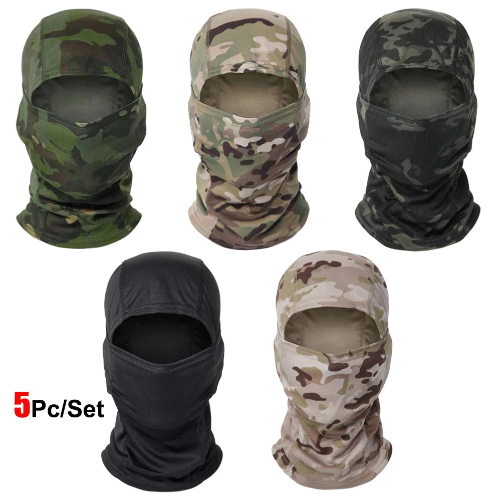 A set of five camouflage and solid colored stretchy breathable balaclava caps shown in various shades and angles.