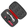 A black storage case holds a set of nine interchangeable LED crochet hooks with red handles and white wires.