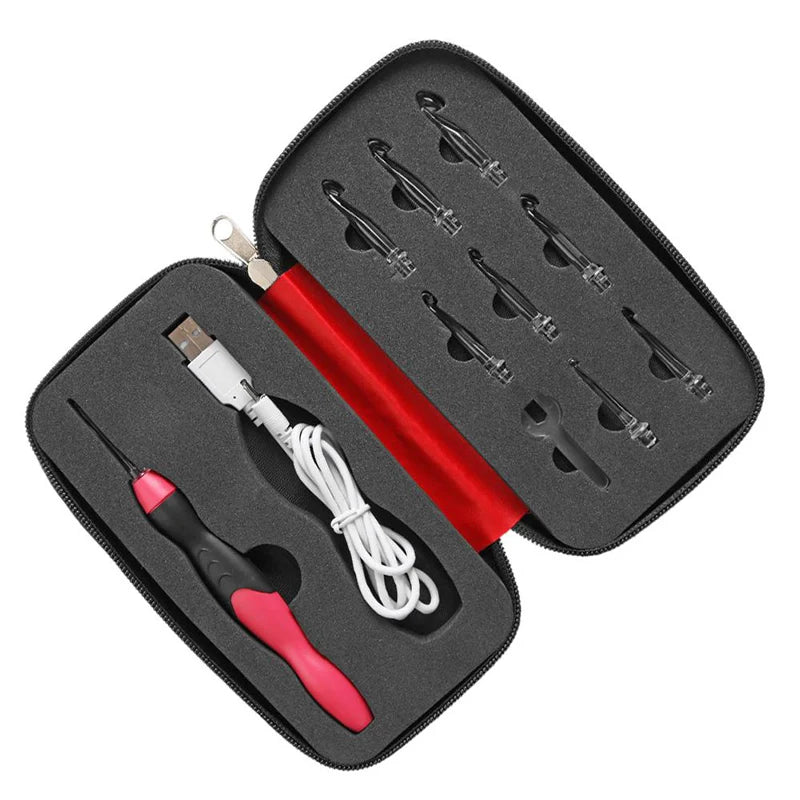 A black storage case holds a set of nine interchangeable LED crochet hooks with red handles and white wires.