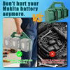 A comparison showing a safe battery storage case versus chaotic placement of Makita batteries.