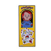 A yellow enamel pin featuring a cartoon character named Good Guys with a red-haired doll face.