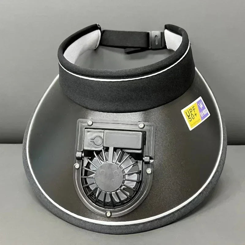 A black cooling fan hat with a padded headband and a visible fan mechanism on the front.