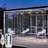 USB LED curtain lights with remote illuminating an outdoor patio area for decoration