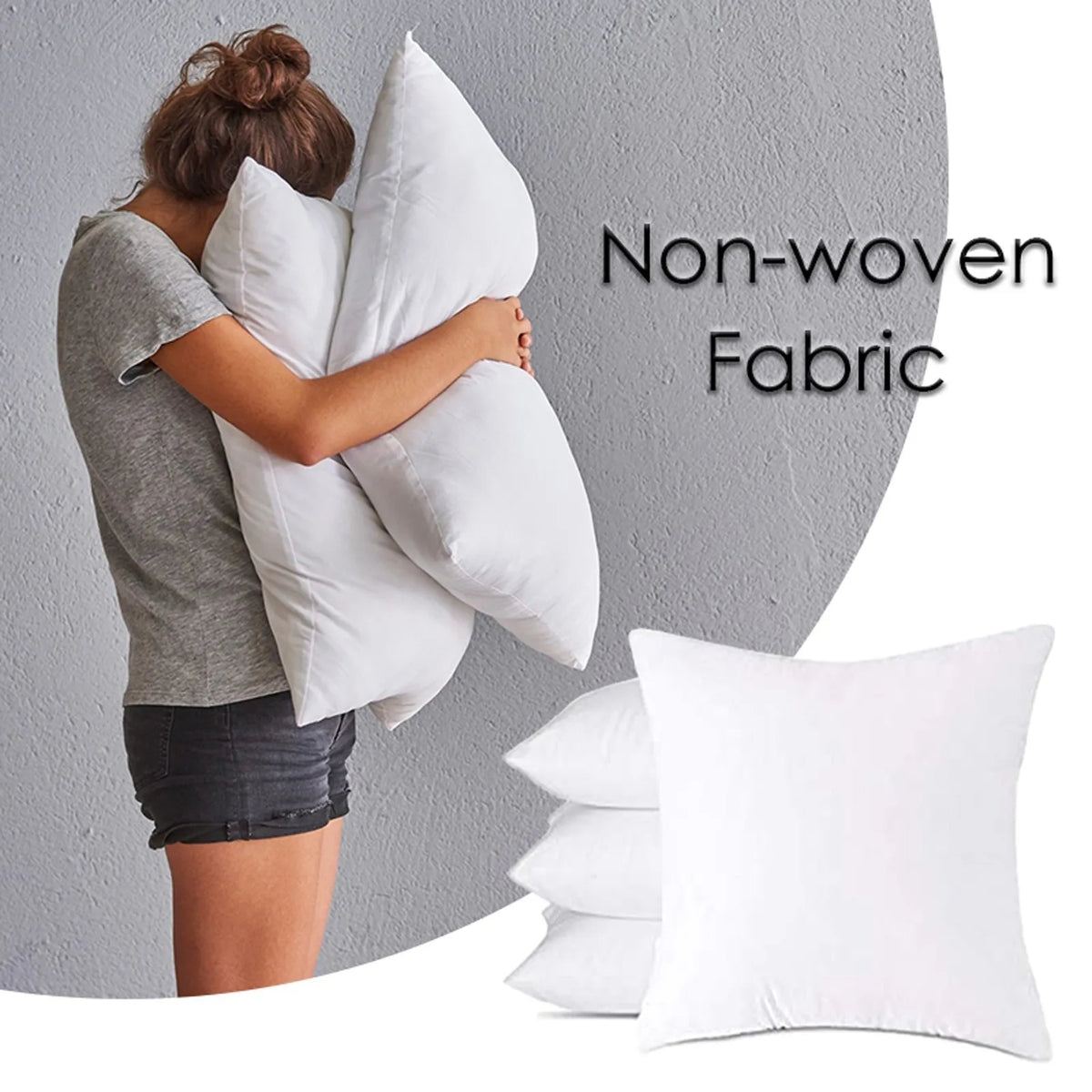 A woman is hugging a large white cushion against a gray wall, demonstrating the soft comfort of the non-woven fabric.