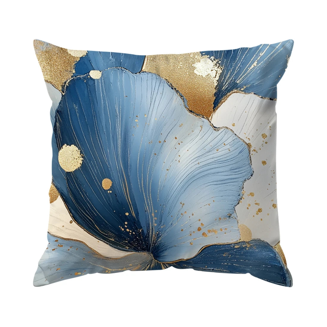 Abstract leaf print cushion cover featuring blue and gold watercolor textures